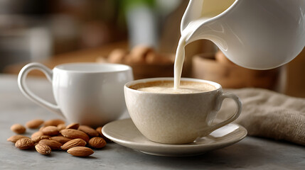 Almond milk pouring into coffee with fresh nuts, a natural and healthy alternative to dairy