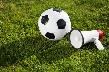 Soccer ball and megaphone on green stadium grass