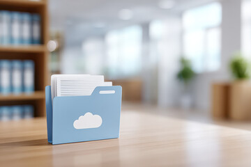 Blue folder with cloud icon holding document on wooden table in office