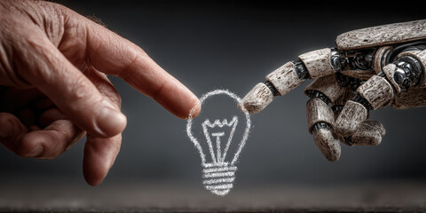 Human hand and robotic hand almost touching with glowing light bulb symbol between them