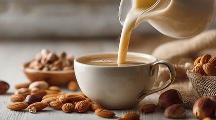 Almond milk pouring into coffee with fresh nuts, a natural and healthy alternative to dairy