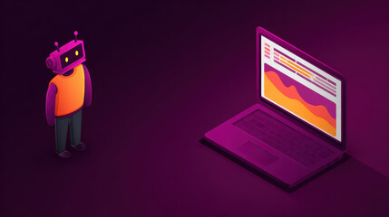 Robot with digital screen showing data graph on laptop in dark background