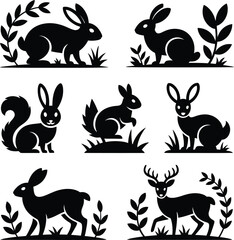 Obraz premium Black Silhouette Animals Collection With Rabbits Squirrel And Deer wildlife nature