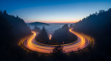 Dramatic Time Lapse Curved Road with Light Trails at Dusk Scenery