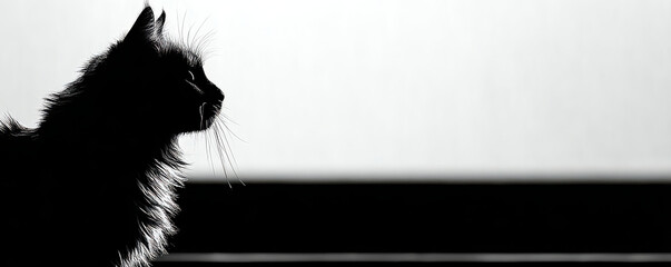 Black cat silhouette with long fur and whiskers in profile on white background
