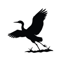 Silhouette of a crane taking flight from grassy land, a simple vector art