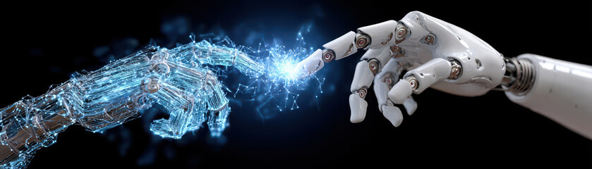 Robot hand and digital hand connecting with glowing network effect in dark