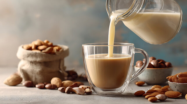 Almond milk pouring into coffee with fresh nuts, a natural and healthy alternative to dairy