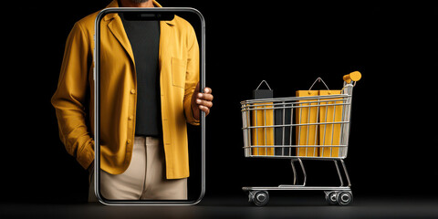 Man holding smartphone frame with shopping cart and bags, online shopping concept