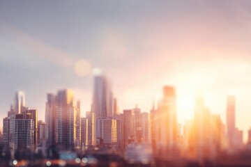 Fototapeta premium Blurry cityscape at sunset, warm tones