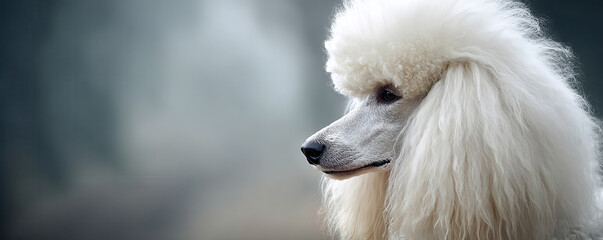 White standard poodle portrait with curly fur and focused expression in soft natural light