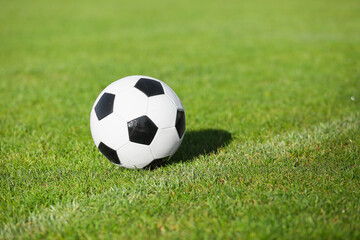 Soccer ball on green stadium grass, closeup