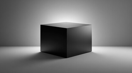 A digitally rendered, dark-grey cube sits centrally on a light-grey plane, subtly illuminated from above, casting a soft shadow