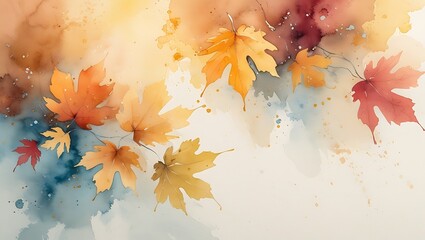 Artistic watercolor painting of autumn maple leaves with warm hues and splashes