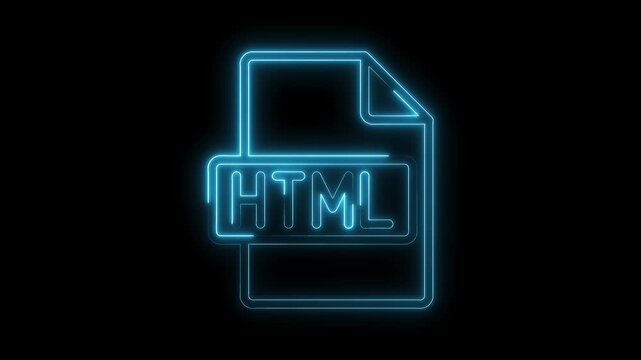 Glowing blue neon H T M L file icon with transparent background symbolizing web development coding digital