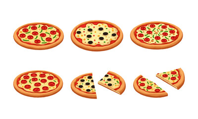 Modern vector illustration featuring two horizontal rows of pizzas on a solid white background,  pepperoni, vegetables, cheese, olives, and mixed meats, tomatoes, easily editable and scalable.