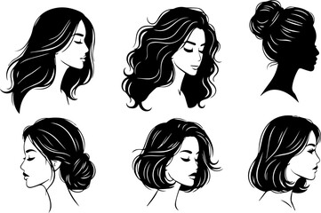 Khawateen ke liye Mukhtalif Hairstyle ka Collection (Vector/Silhouette) - Beauty Salon, Hair Stylist, aur Fashion Logo ke liye Munasib.