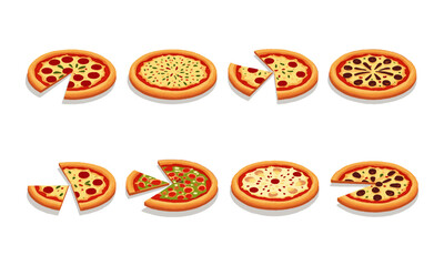 Modern vector illustration featuring two horizontal rows of pizzas on a solid white background,  pepperoni, vegetables, cheese, olives, and mixed meats, tomatoes, easily editable and scalable.