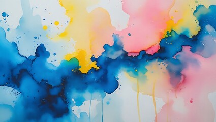 Colorful watercolor abstract art with blue yellow and pink splashes and splatters