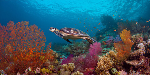 underwater photography. coral paradise, crystal clear azure water teeming with tropical fish, beautiful fan corals and a large sea turtle.