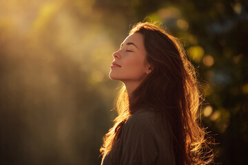 Young woman with flowing hair faces gentle morning sun, eyes closed, smiling softly amidst blurred green foliage.