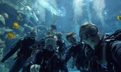 A group of 5 divers in an aquarium tank, surrounded by colorful fish and clear water, poses for the camera with his gear on. It is a wide shot in a documentary photography style, taken from below. The