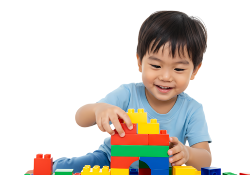 Toddler Playing with Colorful Building Blocks on Transparent background - Powered by Adobe