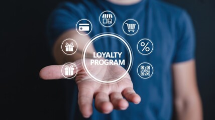 Building Customer Loyalty: A hand presenting a "LOYALTY PROGRAM" icon surrounded by shopping, gift, and discount symbols, illustrating consumer rewards and long-term customer relationships.