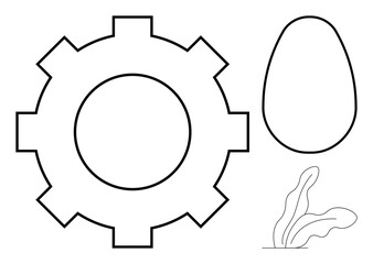 Gear mechanism, egg outline, minimal plants expressing connection, growth, and nature. Ideal for innovation, eco-technology, balance, sustainability productivity creativity symbolic simple flat