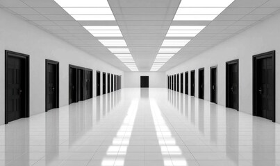 Long white hallway with many black doors