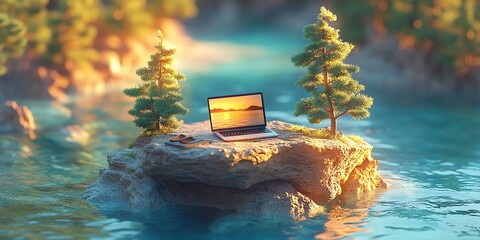 Laptop on Rocky Island with Miniature Trees and Sunset Scenery in Water