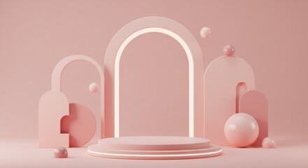 Elegant 3D scene with a pink pedestal and glowing arches. Abstract geometric background for a modern product showcase.