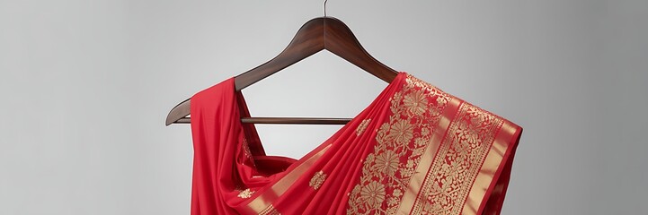 Elegant red and gold indian sari or dupatta hanging on a wooden hanger