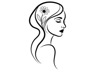  line art, abstract female face profile, flower in hair, minimalist, simple elegant sketch, calligraphic, black-colored vector design on white background