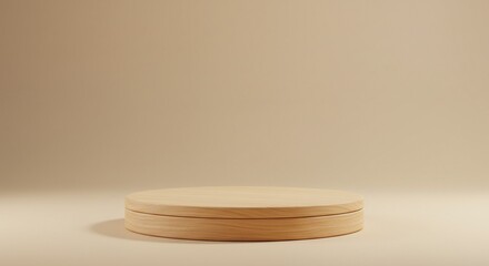 Minimalist wooden podium on a beige background for product presentation. 3D rendered pedestal for cosmetic or product showcase.