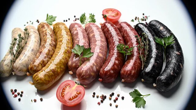 Assorted Cooked Sausages Displayed on White Plate with Herbs and Tomatoes
