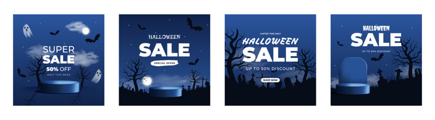 Halloween sale banners set, clipart background design. Sale 50 percent off discount for holiday season template podium, moon, bats, trees, ghosts flat style dark blue background. Vector illustration