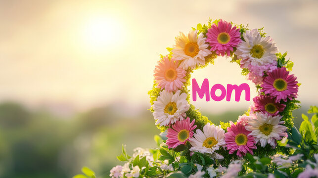 Lovely floral wreath with bold Mom text for Mother's Day. Vibrant pink and white daisies against a sunny background.