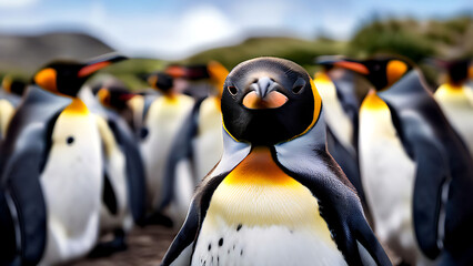 group of penguins , Striking King Penguins Amidst a Snowy Backdrop on South Georgia Island, Antarctica at Sunset


