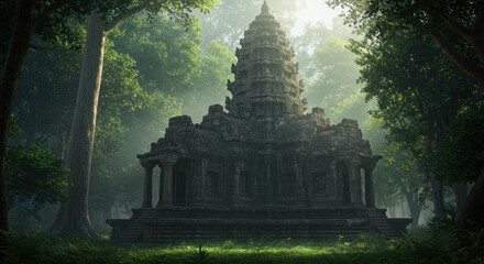 Ancient Stone Temple in Misty Forest, Angkor Wat Style Architecture