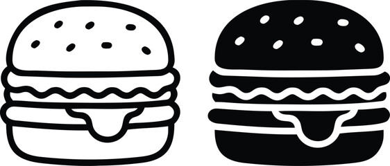 Burger Icon Set – Vector Fast Food Hamburger Silhouette and Outline in Black and White