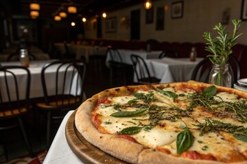 A pizza with basil and cheese sits on a white plate in a restaurant
