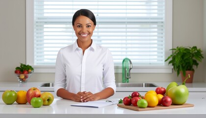 Female wellness coach standing beside desk with healthy fruits and wellness plans