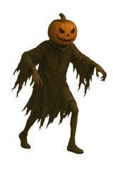 A spooky figure with a pumpkin head and tattered cloak, perfect for Halloween themed decorations or events. isolated on a transparent or white background