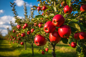 Obraz premium Apple orchard with red ripe apples on branches.Two rows of apple trees full of fruit seen under a blue sky nearly ready for picking.Apple orchard.Morning shot. generative ai 