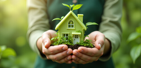 Hand holding Green Building for Sustainable Development Concept