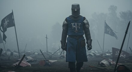 Knight in Armor on Battlefield, Medieval War Scene.