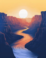 Majestic canyon river at sunset with warm golden light