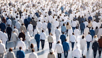 A vast crowd of people, dressed in white and blue suits, moves forward