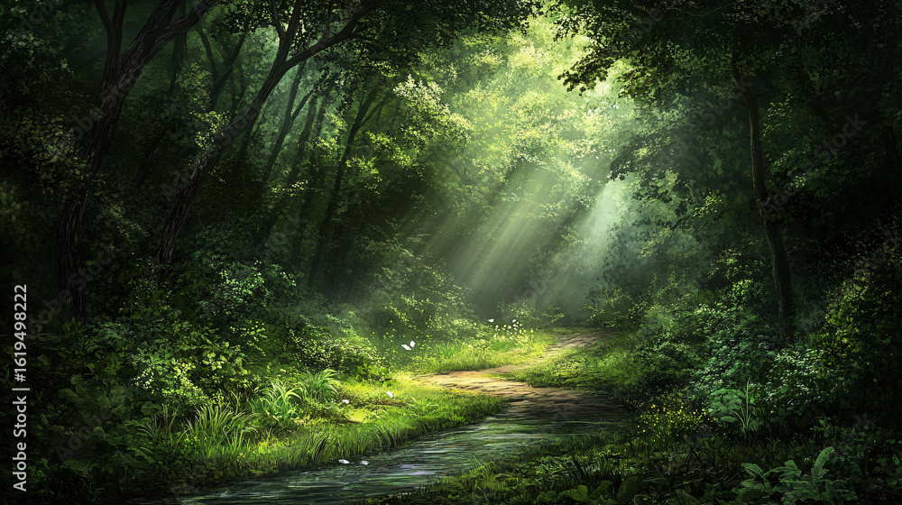 Poster serene forest scene with a gentle stream flowing through lush greenery and tall trees